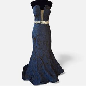 Jovani Strapless Fit N Flare Blue And Black Floral Mermaid Evening Dress